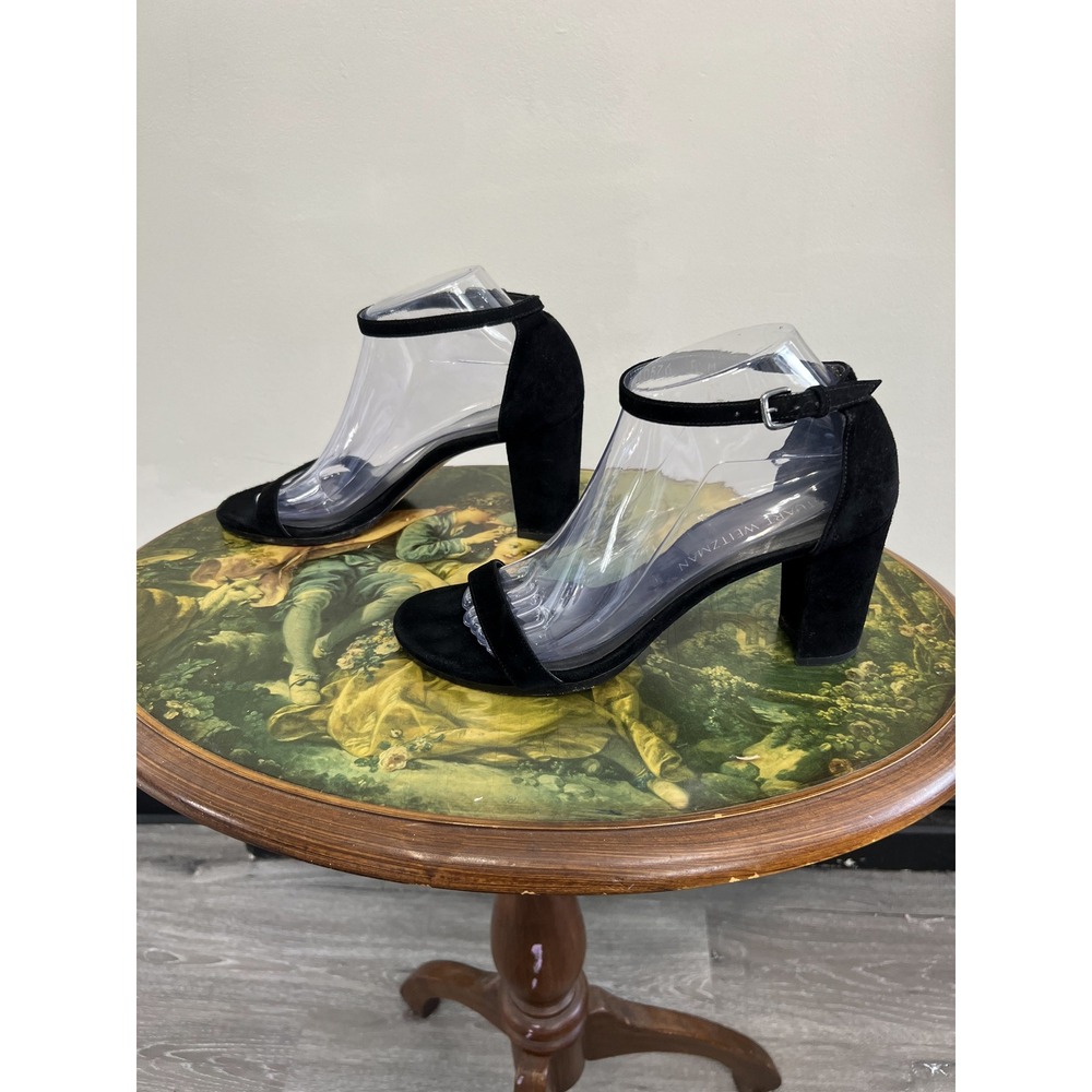 Stuart Weitzman Black Suede Open Toe Ankle Strap Block Heel Sandals Size 9